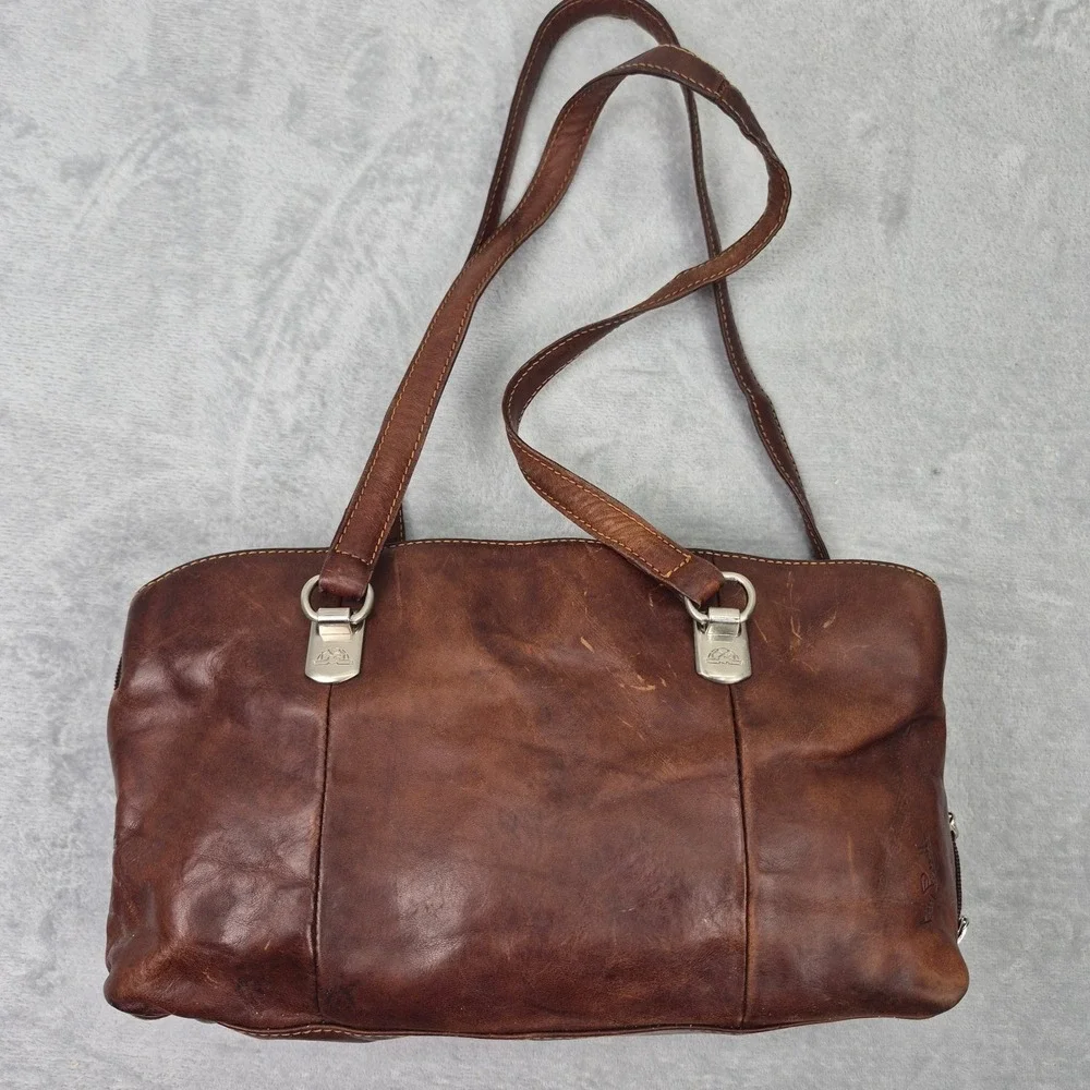 Tony Perotti Distressed Leather Shoulder Bag Brown Hobo Medium Long Green